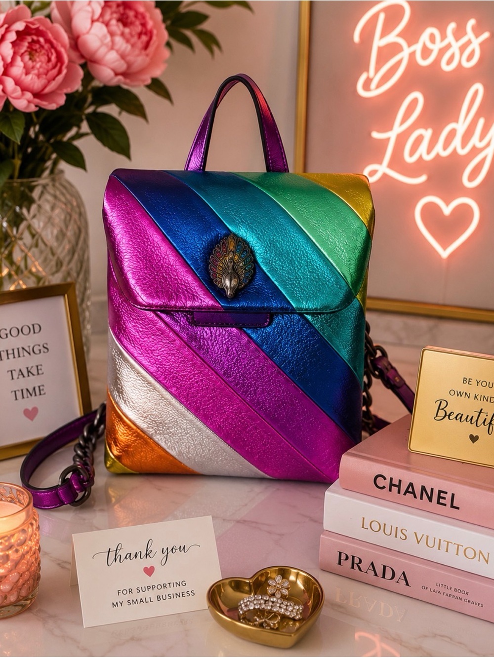 Multicolor Metallic Stripe Leather Backpack - Women Bags